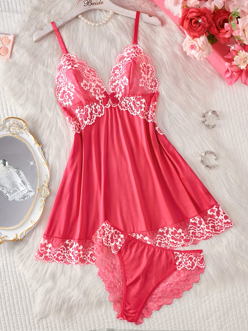 2pcs Women'S Sexy Lingerie Set -2-Piece Contrast Floral Lace Nightgown Set – V-Neck Babydoll & Matching Panty-Chemise Set-Floral Patchwork Babydoll with Panties – Elegant Sleepwear-Bridal Lingarie (Ro