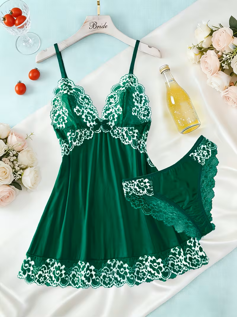 2pcs Women'S Sexy Lingerie Set -2-Piece Contrast Floral Lace Nightgown Set – V-Neck Babydoll & Matching Panty-Chemise Set-Floral Patchwork Babydoll with Panties – Elegant Sleepwear-Bridal Lingarie (Gr