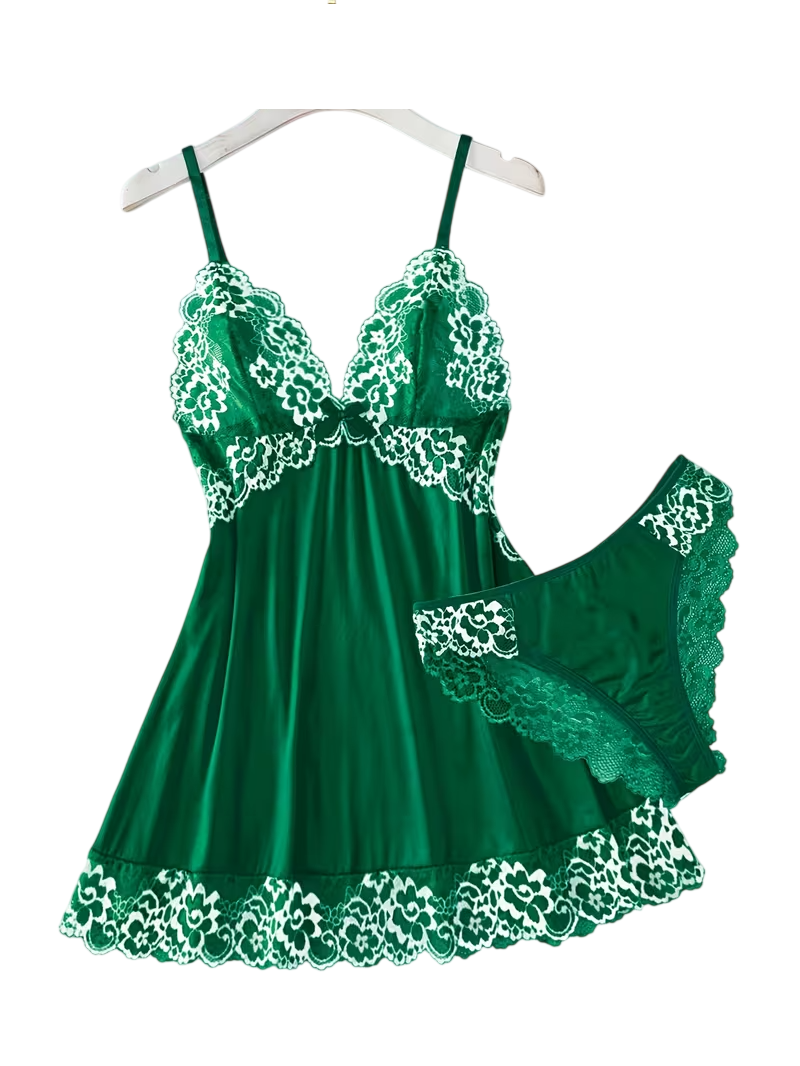 2pcs Women'S Sexy Lingerie Set -2-Piece Contrast Floral Lace Nightgown Set – V-Neck Babydoll & Matching Panty-Chemise Set-Floral Patchwork Babydoll with Panties – Elegant Sleepwear-Bridal Lingarie (Gr