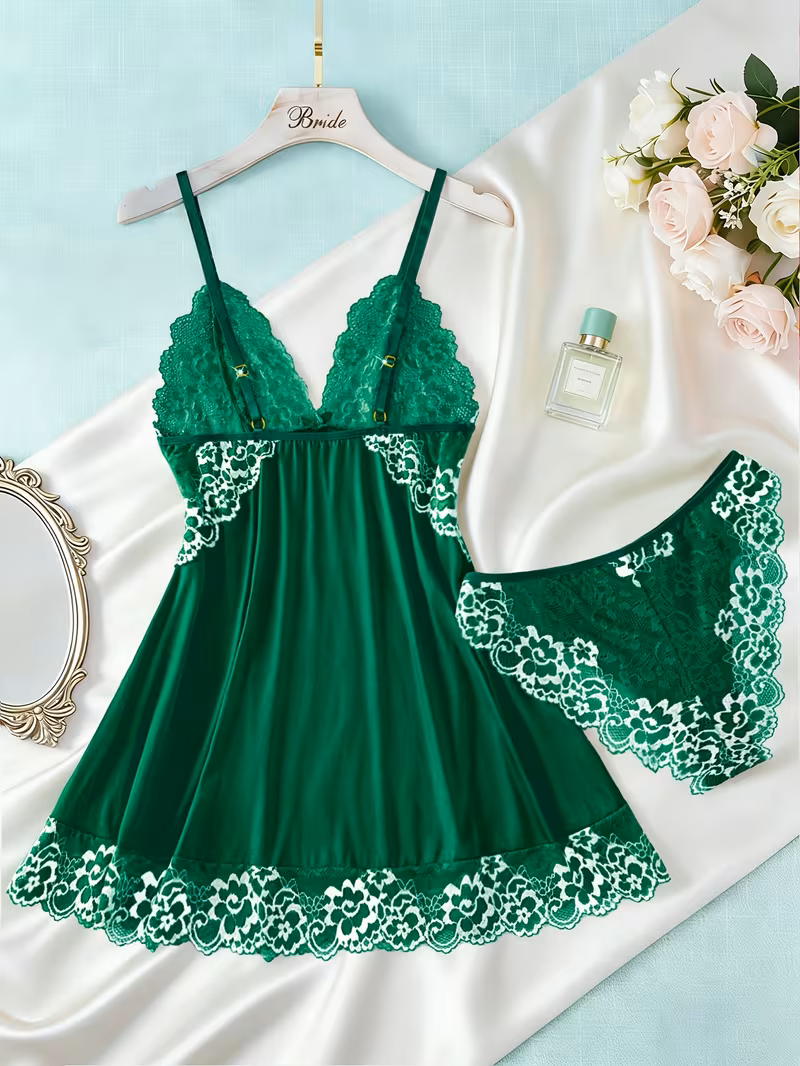 2pcs Women'S Sexy Lingerie Set -2-Piece Contrast Floral Lace Nightgown Set – V-Neck Babydoll & Matching Panty-Chemise Set-Floral Patchwork Babydoll with Panties – Elegant Sleepwear-Bridal Lingarie (Gr