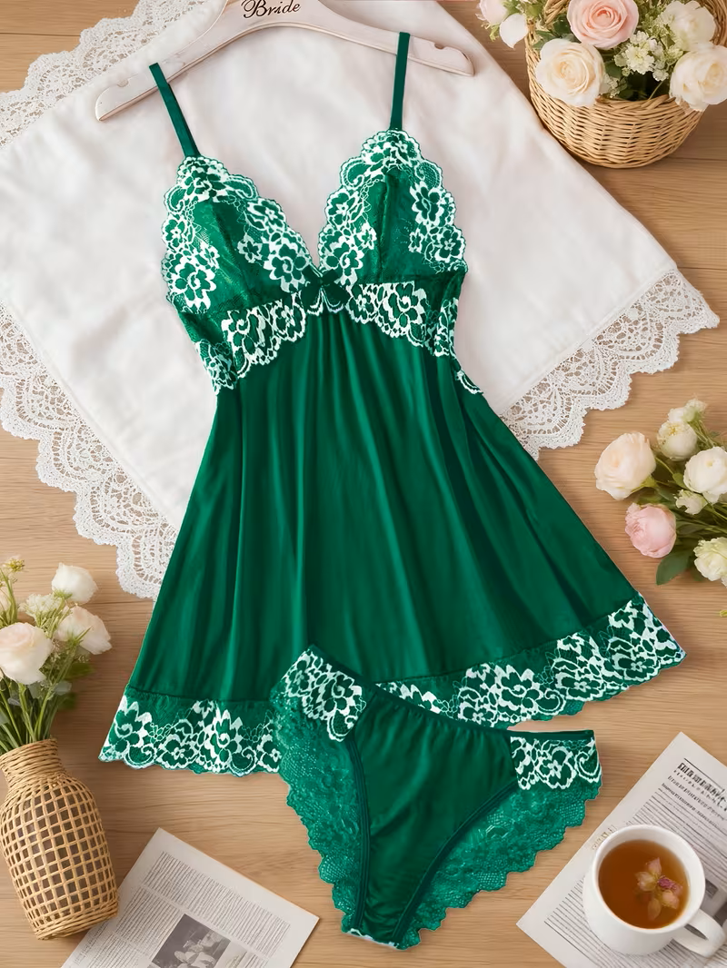 2pcs Women'S Sexy Lingerie Set -2-Piece Contrast Floral Lace Nightgown Set – V-Neck Babydoll & Matching Panty-Chemise Set-Floral Patchwork Babydoll with Panties – Elegant Sleepwear-Bridal Lingarie (Gr
