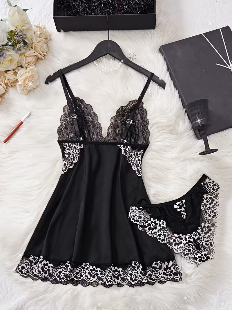 2pcs Women'S Sexy Lingerie Set -2-Piece Contrast Floral Lace Nightgown Set – V-Neck Babydoll & Matching Panty-Chemise Set-Floral Patchwork Babydoll with Panties – Elegant Sleepwear-Bridal Lingarie (Bl