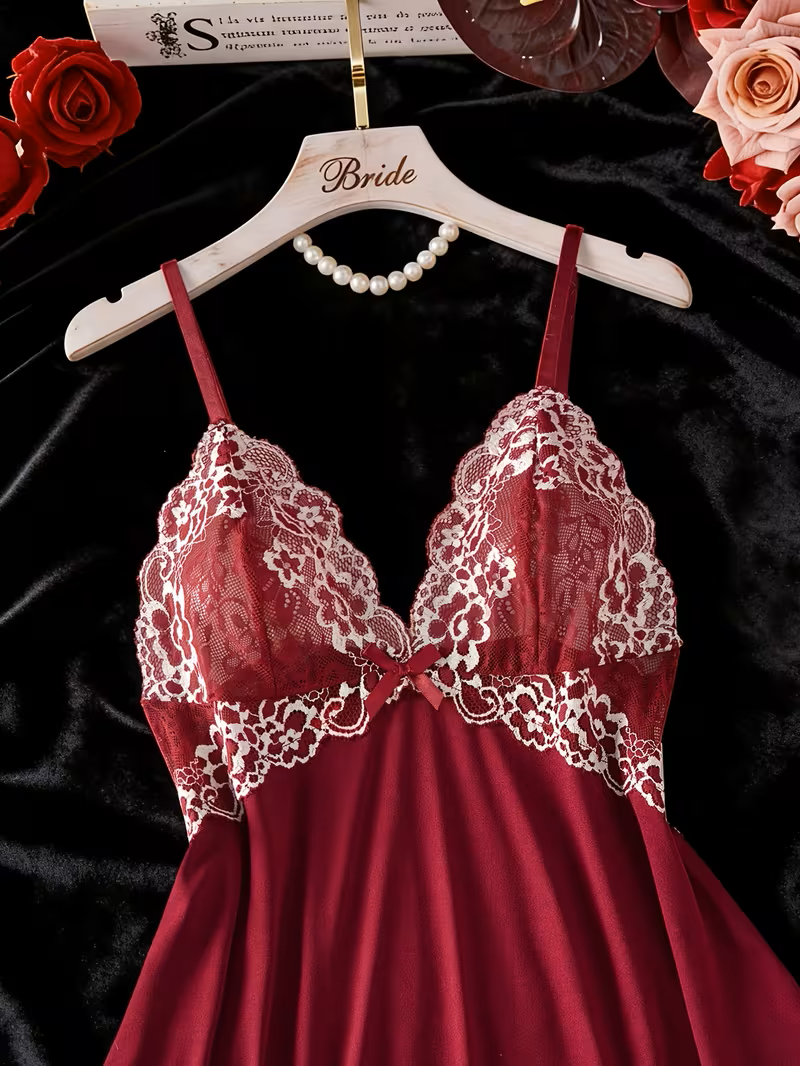 2pcs Women'S Sexy Lingerie Set -2-Piece Contrast Floral Lace Nightgown Set – V-Neck Babydoll & Matching Panty-Chemise Set-Floral Patchwork Babydoll with Panties – Elegant Sleepwear-Bridal Lingarie (Bu