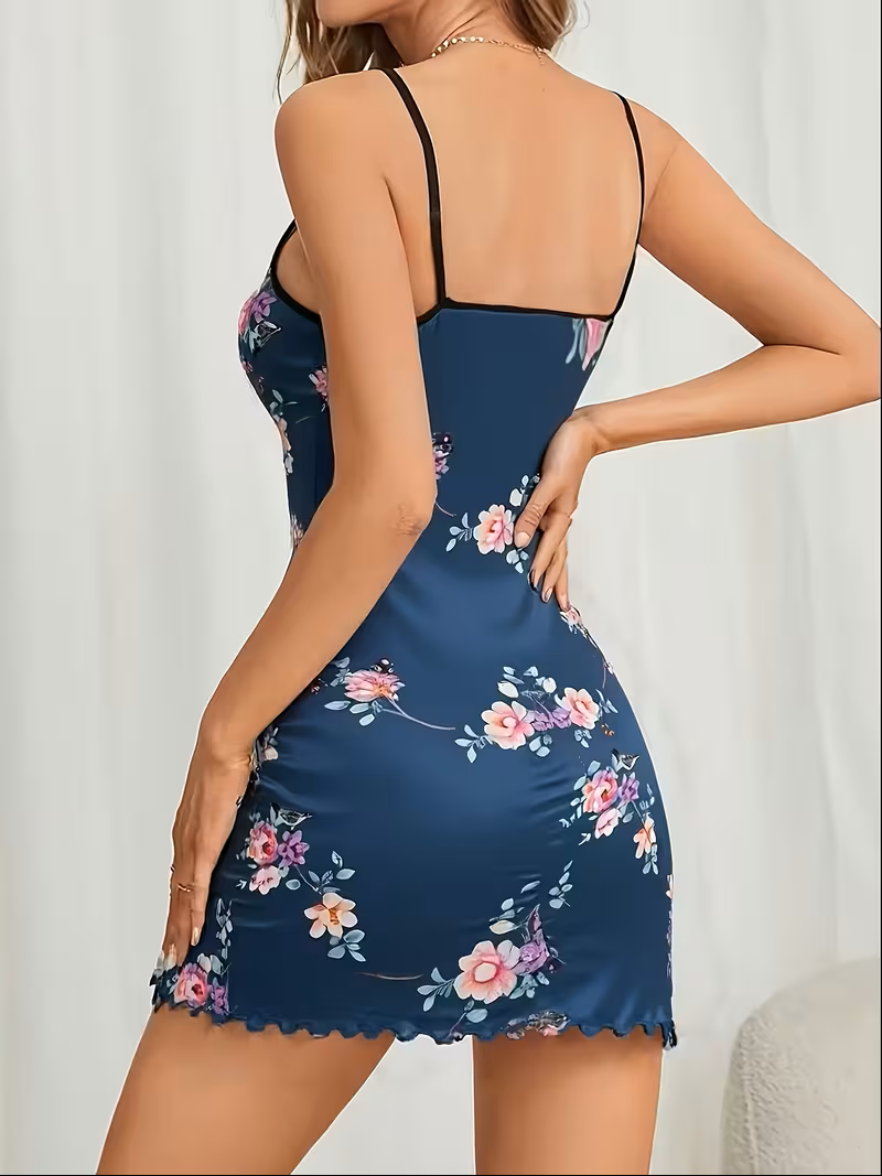 Women's Silky Satin-Feel Nightgown – Sexy Spaghetti Strap Chemise Sleepwear – Mini Slip Dress with Floral & Butterfly Prints – Comfortable Summer Loungewear (Deep Navey)