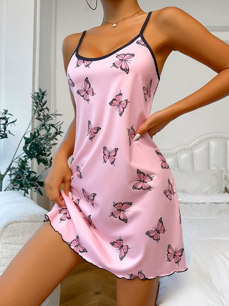 Women's Silky Satin-Feel Nightgown – Sexy Spaghetti Strap Chemise Sleepwear – Mini Slip Dress with Floral & Butterfly Prints – Comfortable Summer Loungewear (Soft Pink)