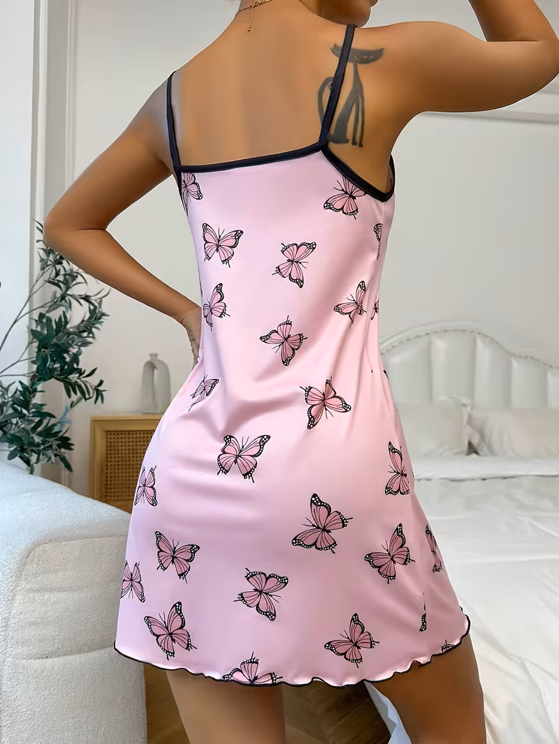 Women's Silky Satin-Feel Nightgown – Sexy Spaghetti Strap Chemise Sleepwear – Mini Slip Dress with Floral & Butterfly Prints – Comfortable Summer Loungewear (Soft Pink)