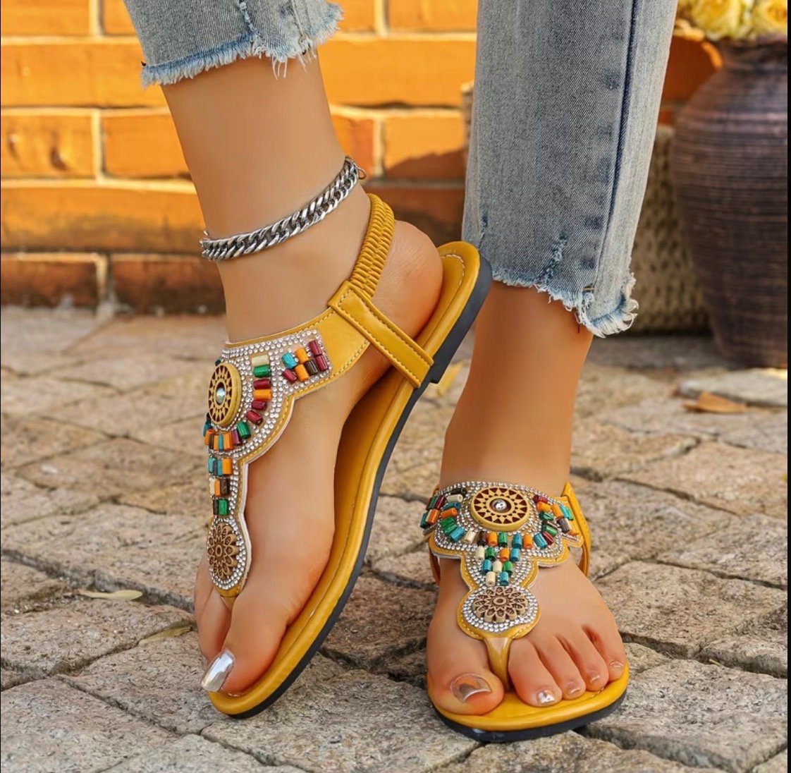Comfortable and Versatile Toe-Post Bohemian Style Beach Shoes, Vacation Style Version Women's Shoes, New Summer Flat Summer Slippers for Women, Women Shoes