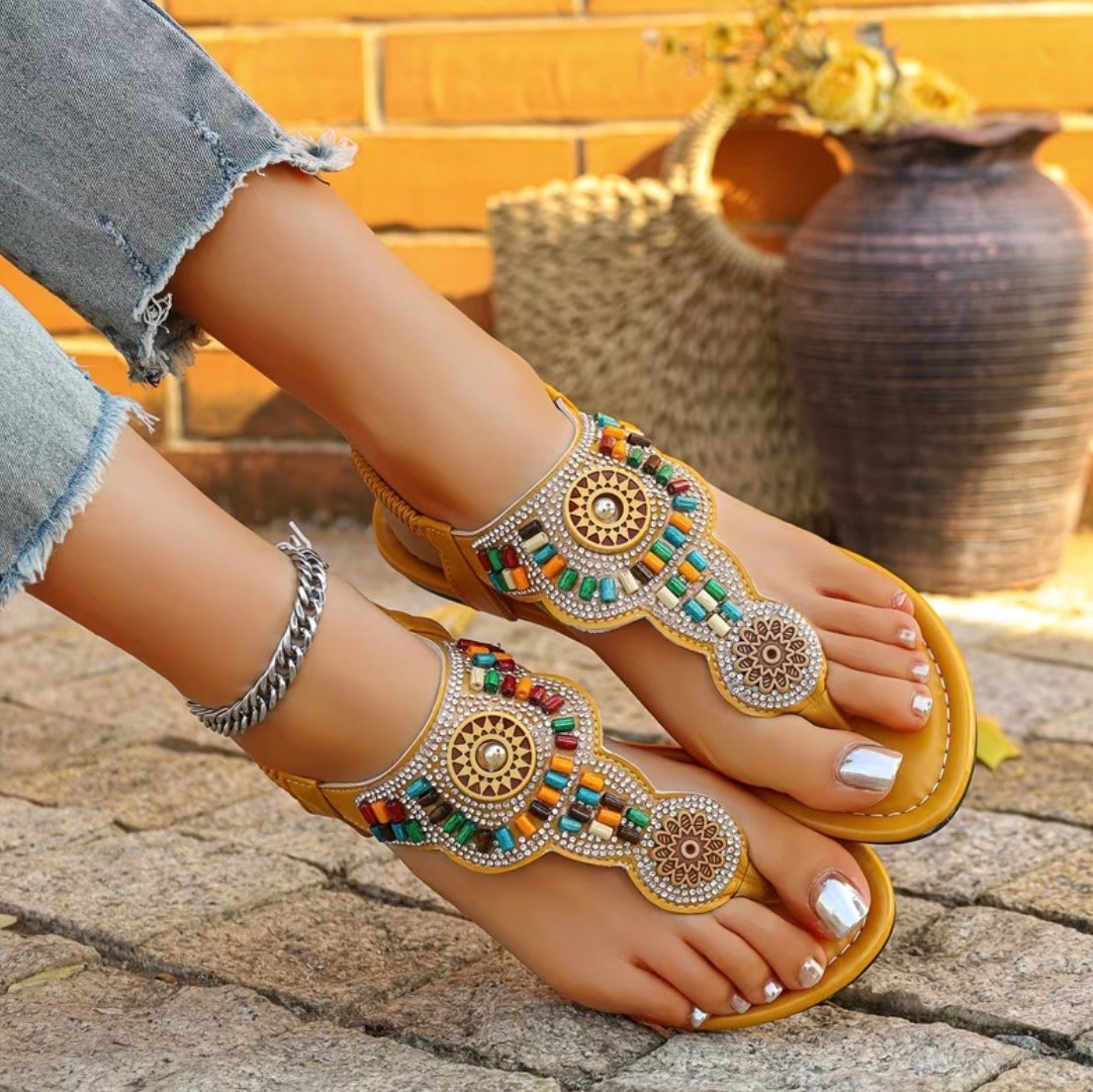 Comfortable and Versatile Toe-Post Bohemian Style Beach Shoes, Vacation Style Version Women's Shoes, New Summer Flat Summer Slippers for Women, Women Shoes