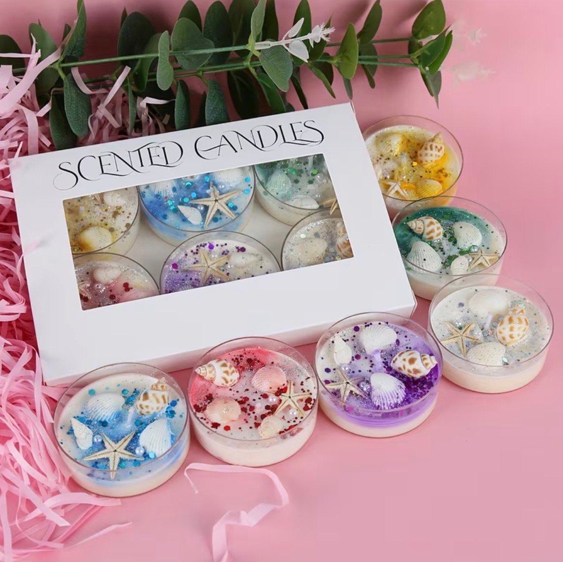Scented candles gift set. 6 pieces 6 fragrances. Scented candles with crystals