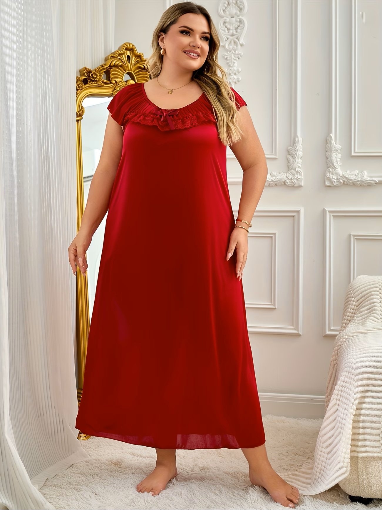 Women's Plus Size Floral Print Nightgown – Short Sleeve Round Neck House Dress or Nighty with Ruffle Hem & Lace Trim – Ultra-Comfortable Loungewear and Sleepwear(Red)