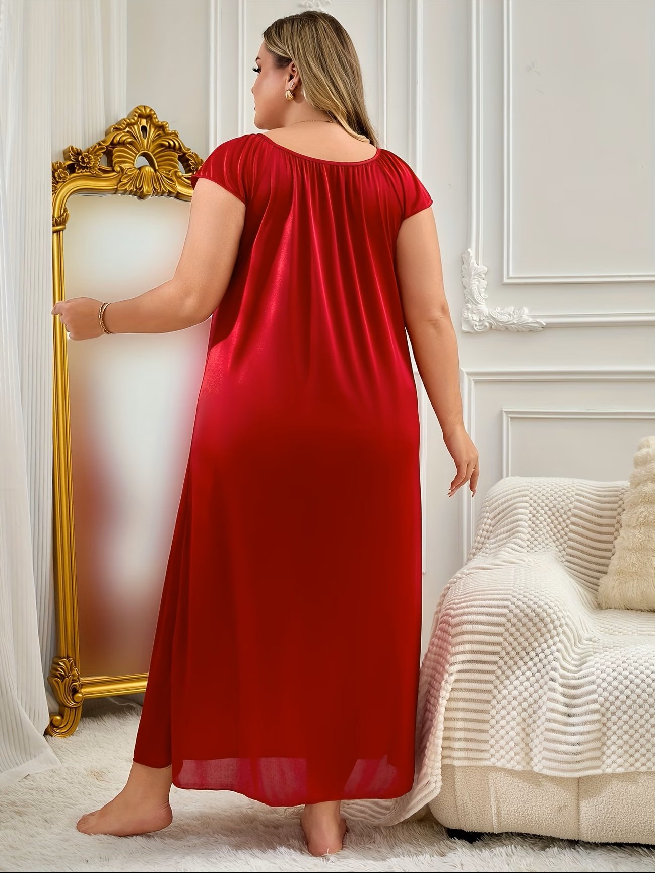 Women's Plus Size Floral Print Nightgown – Short Sleeve Round Neck House Dress or Nighty with Ruffle Hem & Lace Trim – Ultra-Comfortable Loungewear and Sleepwear(Red)