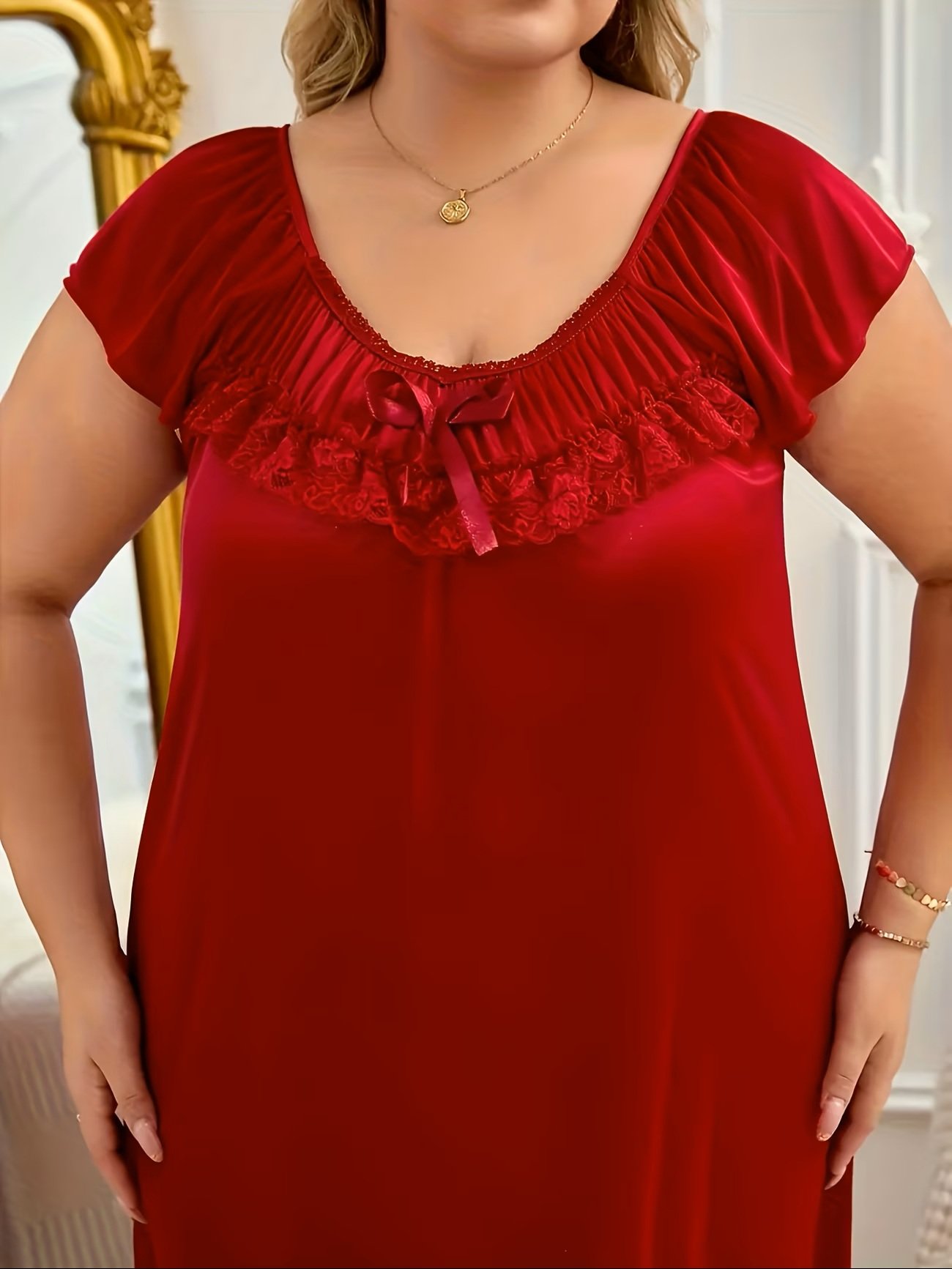 Women's Plus Size Floral Print Nightgown – Short Sleeve Round Neck House Dress or Nighty with Ruffle Hem & Lace Trim – Ultra-Comfortable Loungewear and Sleepwear(Red)