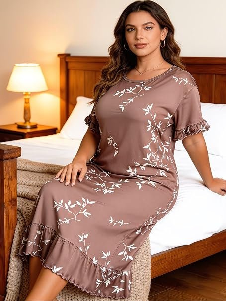 Women's Plus Size Floral Print Nightgown – Short Sleeve Round Neck House Dress or Nighty with Ruffle Hem & Lace Trim – Ultra-Comfortable Loungewear and Sleepwear (Brown)