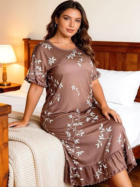 Women's Plus Size Floral Print Nightgown – Short Sleeve Round Neck House Dress or Nighty with Ruffle Hem & Lace Trim – Ultra-Comfortable Loungewear and Sleepwear (Brown)