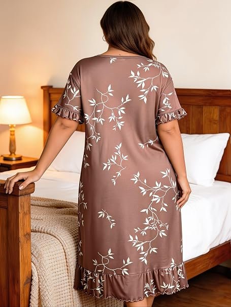 Women's Plus Size Floral Print Nightgown – Short Sleeve Round Neck House Dress or Nighty with Ruffle Hem & Lace Trim – Ultra-Comfortable Loungewear and Sleepwear (Brown)