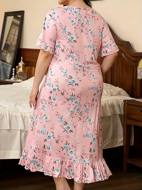 Women's Plus Size Floral Print Nightgown – Short Sleeve Round Neck House Dress or Nighty with Ruffle Hem & Lace Trim – Ultra-Comfortable Loungewear and Sleepwear(Pink)