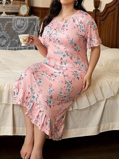 Women's Plus Size Floral Print Nightgown – Short Sleeve Round Neck House Dress or Nighty with Ruffle Hem & Lace Trim – Ultra-Comfortable Loungewear and Sleepwear(Pink)
