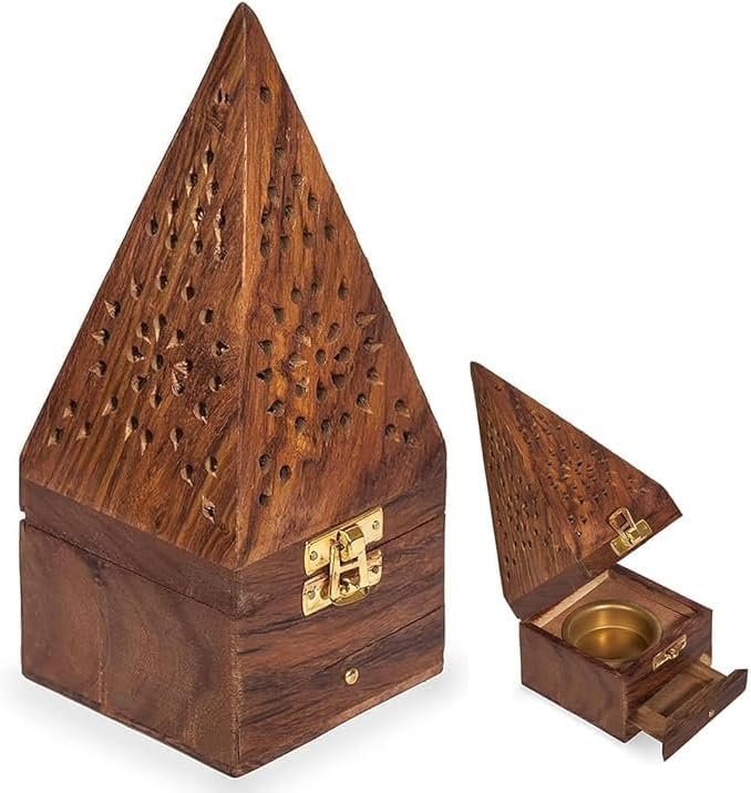 Handcrafted Wooden Incense Cone Burner(18cm Height-Big)–Pyramid Style Incense Box with Internal Metal Holder and Storage Drawer – Decorative Aroma Diffuser for Home Meditation & Office Decor