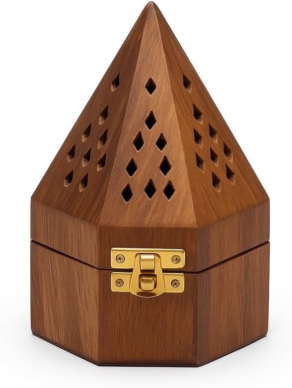 Handcrafted Wooden Incense Cone Burner(18cm Height-Big)–Pyramid Style Incense Box with Internal Metal Holder and Storage Drawer – Decorative Aroma Diffuser for Home Meditation & Office Decor