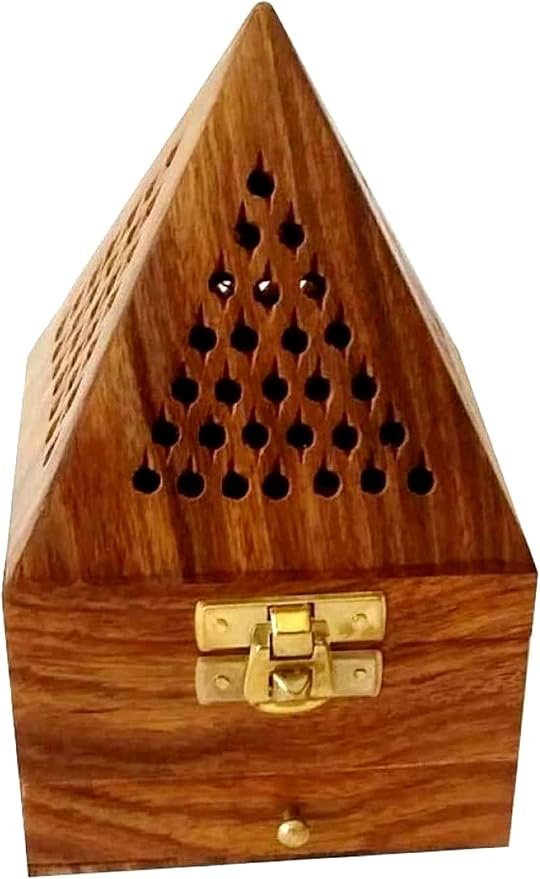 Handcrafted Wooden Incense Cone Burner(18cm Height-Big)–Pyramid Style Incense Box with Internal Metal Holder and Storage Drawer – Decorative Aroma Diffuser for Home Meditation & Office Decor