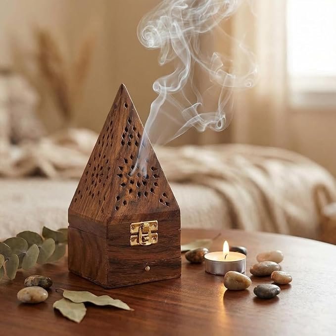 Handcrafted Wooden Incense Cone Burner(18cm Height-Big)–Pyramid Style Incense Box with Internal Metal Holder and Storage Drawer – Decorative Aroma Diffuser for Home Meditation & Office Decor