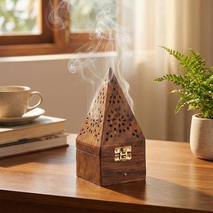 Handcrafted Wooden Incense Cone Burner(18cm Height-Big)–Pyramid Style Incense Box with Internal Metal Holder and Storage Drawer – Decorative Aroma Diffuser for Home Meditation & Office Decor
