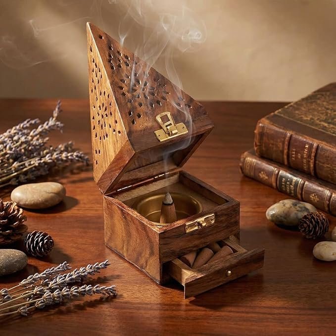Handcrafted Wooden Incense Cone Burner(18cm Height-Big)–Pyramid Style Incense Box with Internal Metal Holder and Storage Drawer – Decorative Aroma Diffuser for Home Meditation & Office Decor