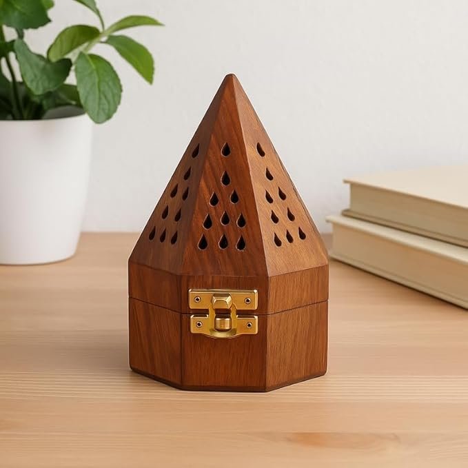 Handcrafted Wooden Incense Cone Burner(18cm Height-Big)–Pyramid Style Incense Box with Internal Metal Holder and Storage Drawer – Decorative Aroma Diffuser for Home Meditation & Office Decor