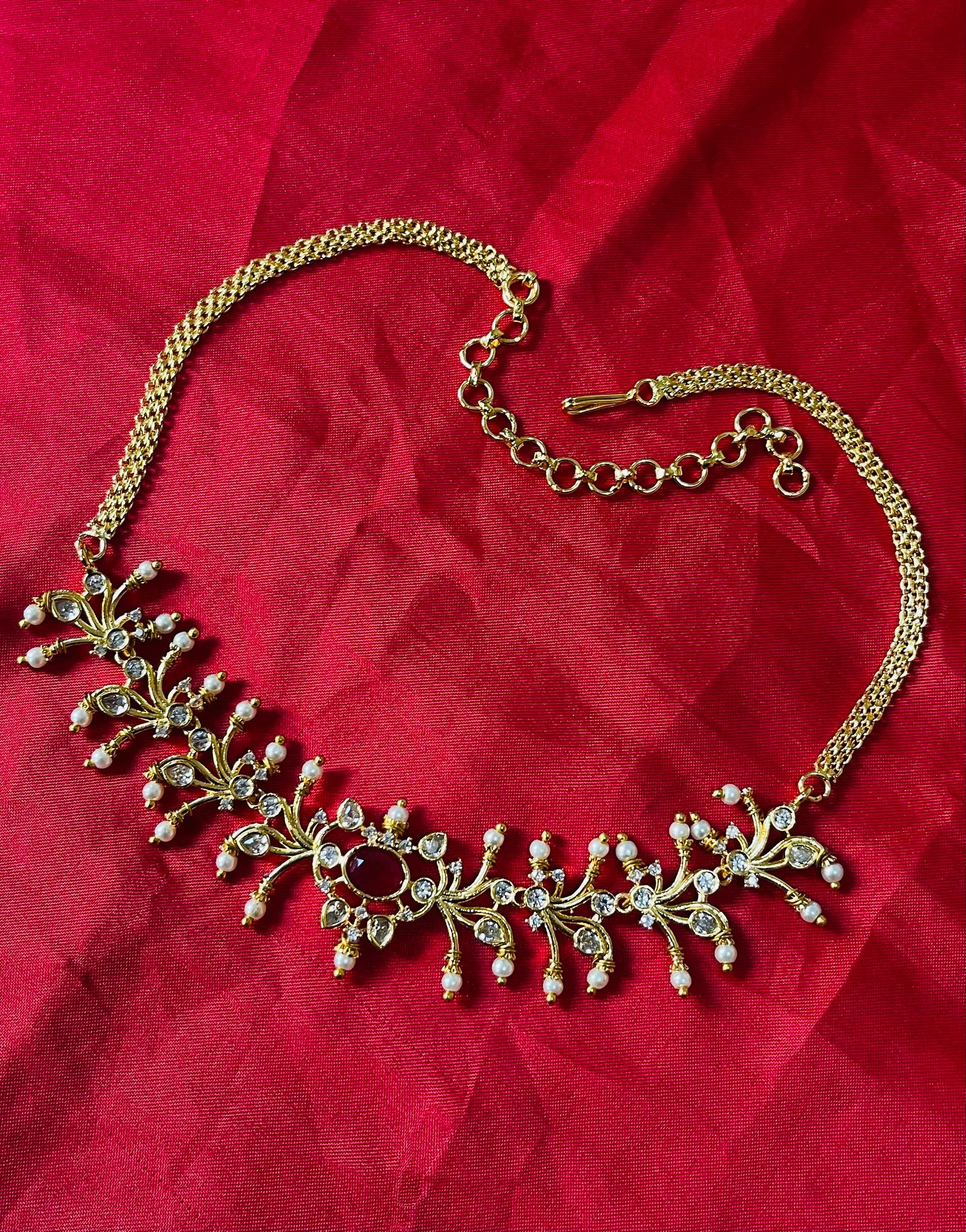 Elegant 22K Yellow Gold Plated CZ Stone Choker Necklace with Red Accent and Pearls