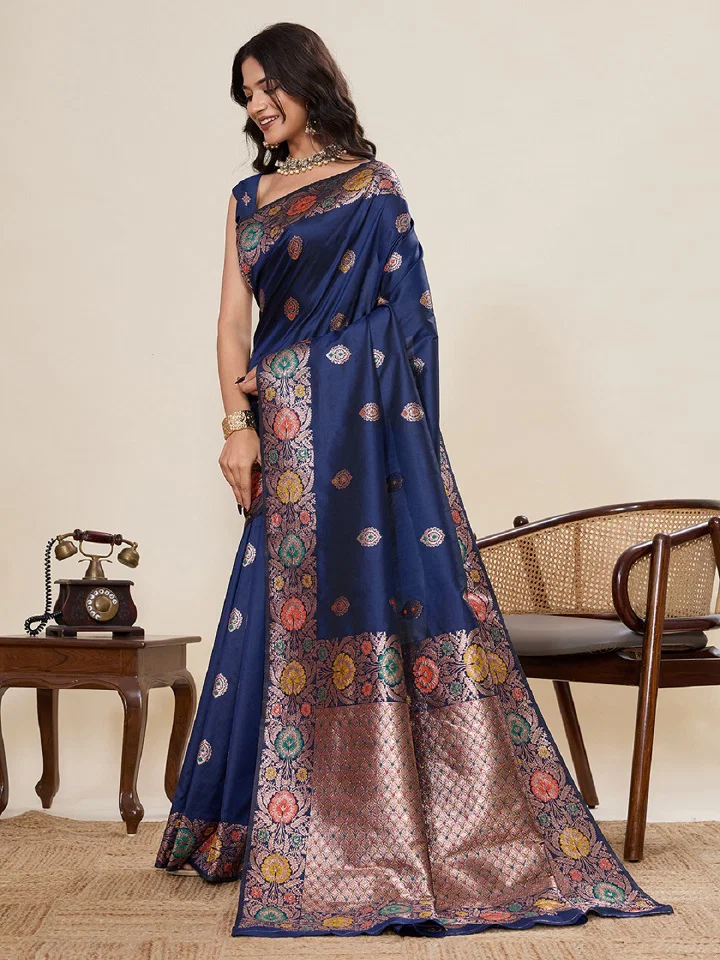 Premium Banarasi Silk Saree with Silver Zari & Meenakari Weaving | Pre-Stitched Fall & Pico Stitched