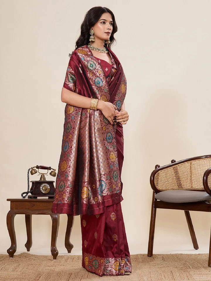 Premium Banarasi Silk Saree with Silver Zari & Meenakari Weaving | Pre-Stitched Fall & Pico Stitched