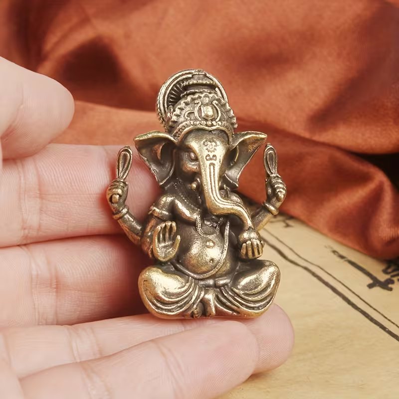 Traditional Solid Brass Lord Ganesha Statue – Miniature Golden-Tone Elephant God Figurine for Home, Office, and Temple Decor