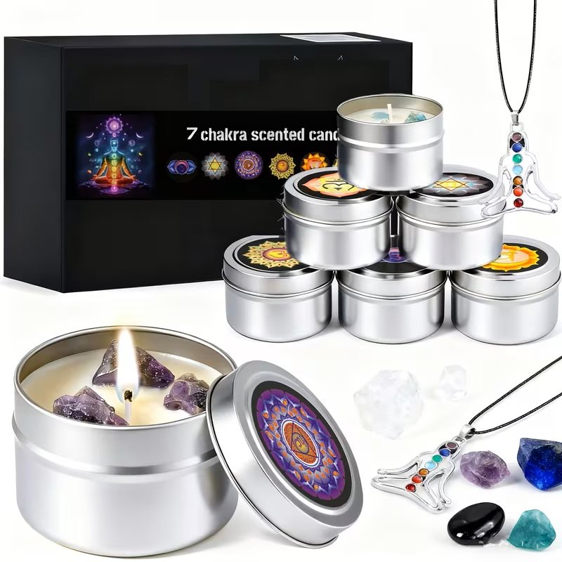 7-Chakra Scented Candle Set – Soy Wax Aromatherapy Candles with Natural Healing Crystals, Pendant, and Gift Box