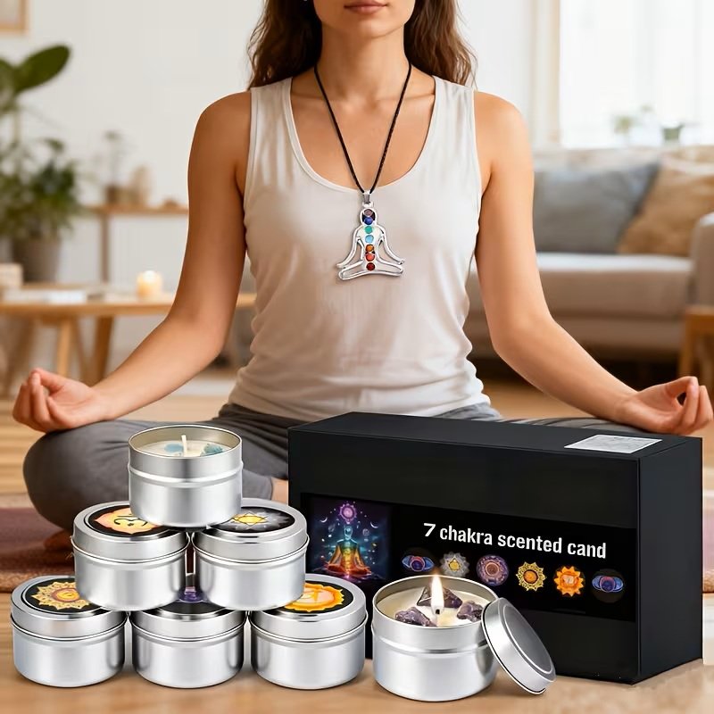 7-Chakra Scented Candle Set – Soy Wax Aromatherapy Candles with Natural Healing Crystals, Pendant, and Gift Box