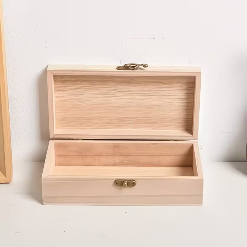 Wooden Storage Box with Hinged Lid & Vintage Latch – Blank DIY Wooden Container for Jewelry, Crafts & Keepsakes