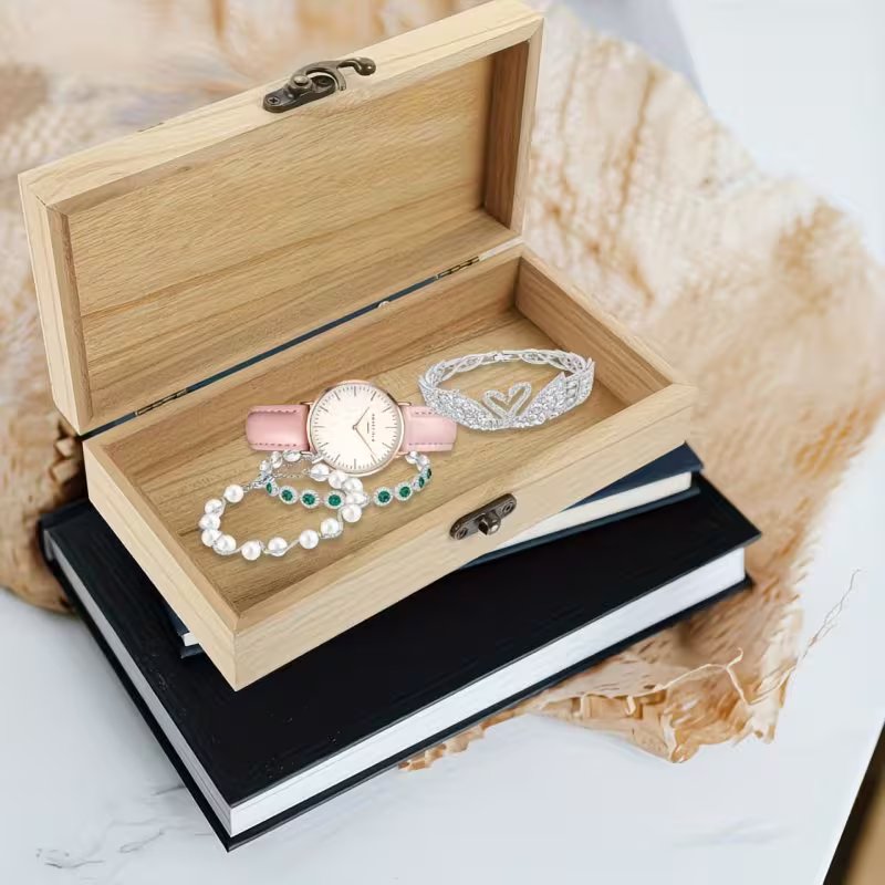 Wooden Storage Box with Hinged Lid & Vintage Latch – Blank DIY Wooden Container for Jewelry, Crafts & Keepsakes