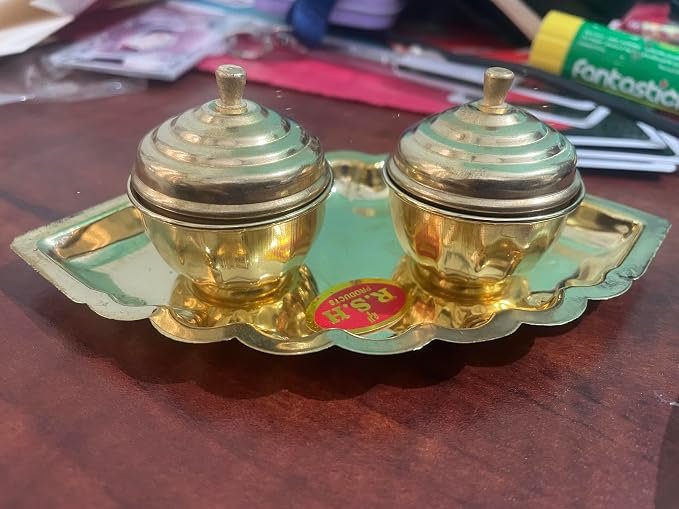 Brass Haldi Kumkum Set with 50grams each Haldi and Kumkum