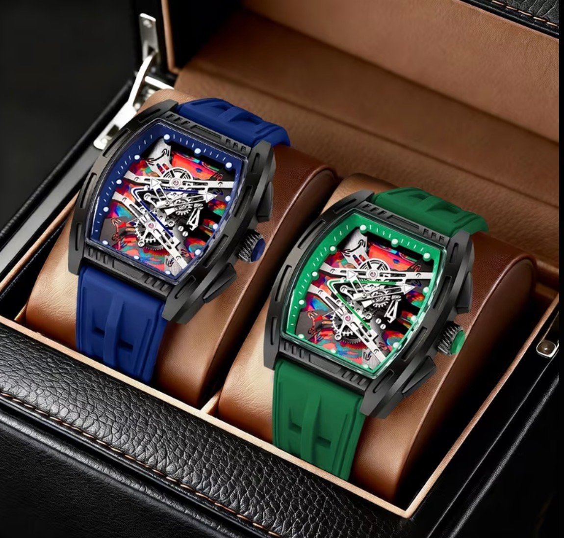 2PC Boys/Men's Stylish Barrel-Shaped Skeleton Quartz Watch – Bold Sporty Tonneau Wristwatch with Durable Silicone Strap, Multi-Color Dial Accent, Fashion Casual & Party Timepiece, Ideal Gift for Boys/