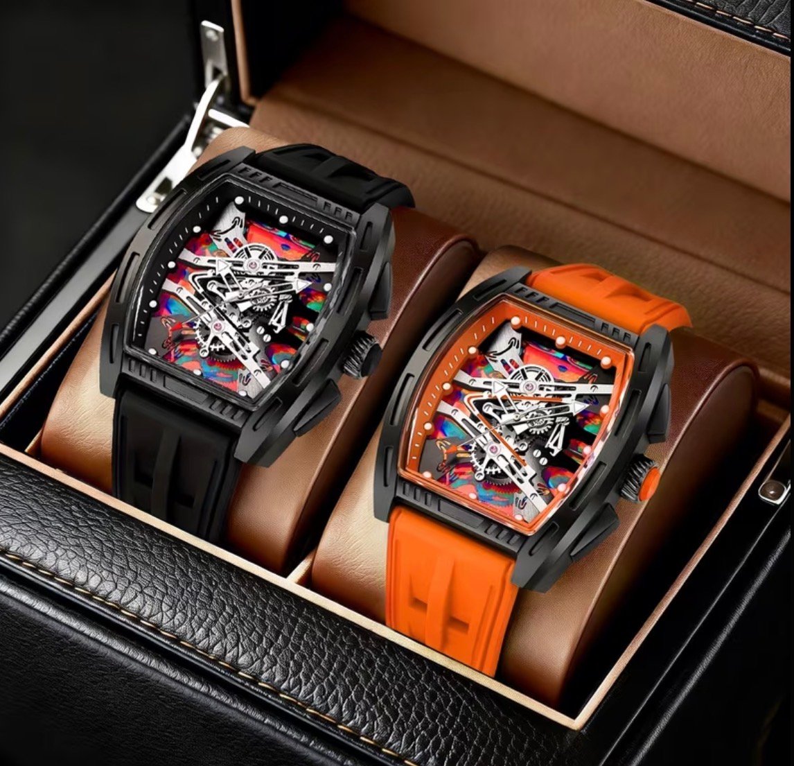 2PC Boys/Men's Stylish Barrel-Shaped Skeleton Quartz Watch – Bold Sporty Tonneau Wristwatch with Durable Silicone Strap, Multi-Color Dial Accent, Fashion Casual & Party Timepiece, Ideal Gift for Boys/