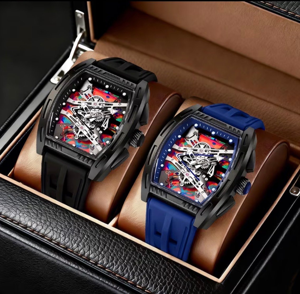 2PC Boys/Men's Stylish Barrel-Shaped Skeleton Quartz Watch – Bold Sporty Tonneau Wristwatch with Durable Silicone Strap, Multi-Color Dial Accent, Fashion Casual & Party Timepiece, Ideal Gift for Boys/