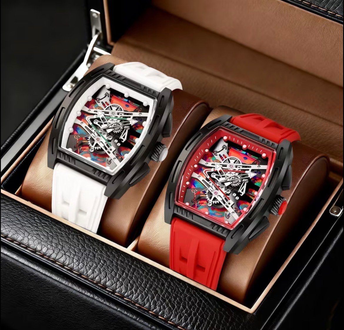 2PC Boys/Men's Stylish Barrel-Shaped Skeleton Quartz Watch – Bold Sporty Tonneau Wristwatch with Durable Silicone Strap, Multi-Color Dial Accent, Fashion Casual & Party Timepiece, Ideal Gift for Boys/