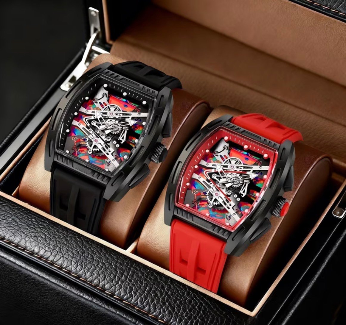 2PC Boys/Men's Stylish Barrel-Shaped Skeleton Quartz Watch – Bold Sporty Tonneau Wristwatch with Durable Silicone Strap, Multi-Color Dial Accent, Fashion Casual & Party Timepiece, Ideal Gift for Boys/