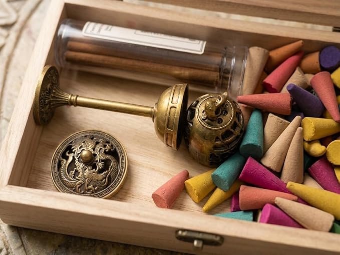 Vintage Brass Incense Burner Gift Set – 2 Solid Brass Burners, 75 Mixed Incense Cones & 42 Tablets in a Handcrafted Wooden Keepsake Box for Aromatherapy, Meditation, and Home Decor