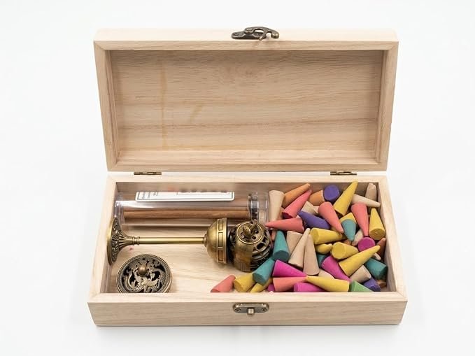 Vintage Brass Incense Burner Gift Set – 2 Solid Brass Burners, 75 Mixed Incense Cones & 42 Tablets in a Handcrafted Wooden Keepsake Box for Aromatherapy, Meditation, and Home Decor