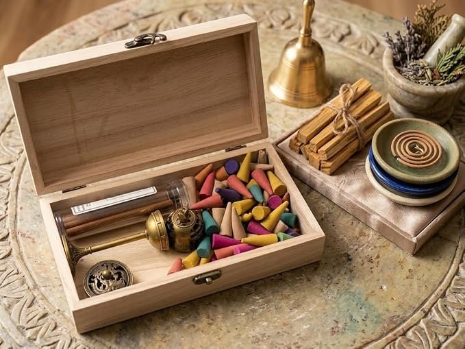 Vintage Brass Incense Burner Gift Set – 2 Solid Brass Burners, 75 Mixed Incense Cones & 42 Tablets in a Handcrafted Wooden Keepsake Box for Aromatherapy, Meditation, and Home Decor