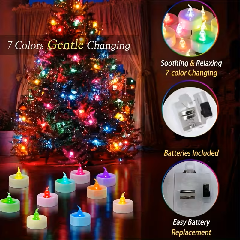24pcs Flameless Tealight Candles, 7 Color Changing Battery Operated LED Tea Lights, Electronic Fake Candles for Diwali, Wedding, Party, Christmas, Halloween