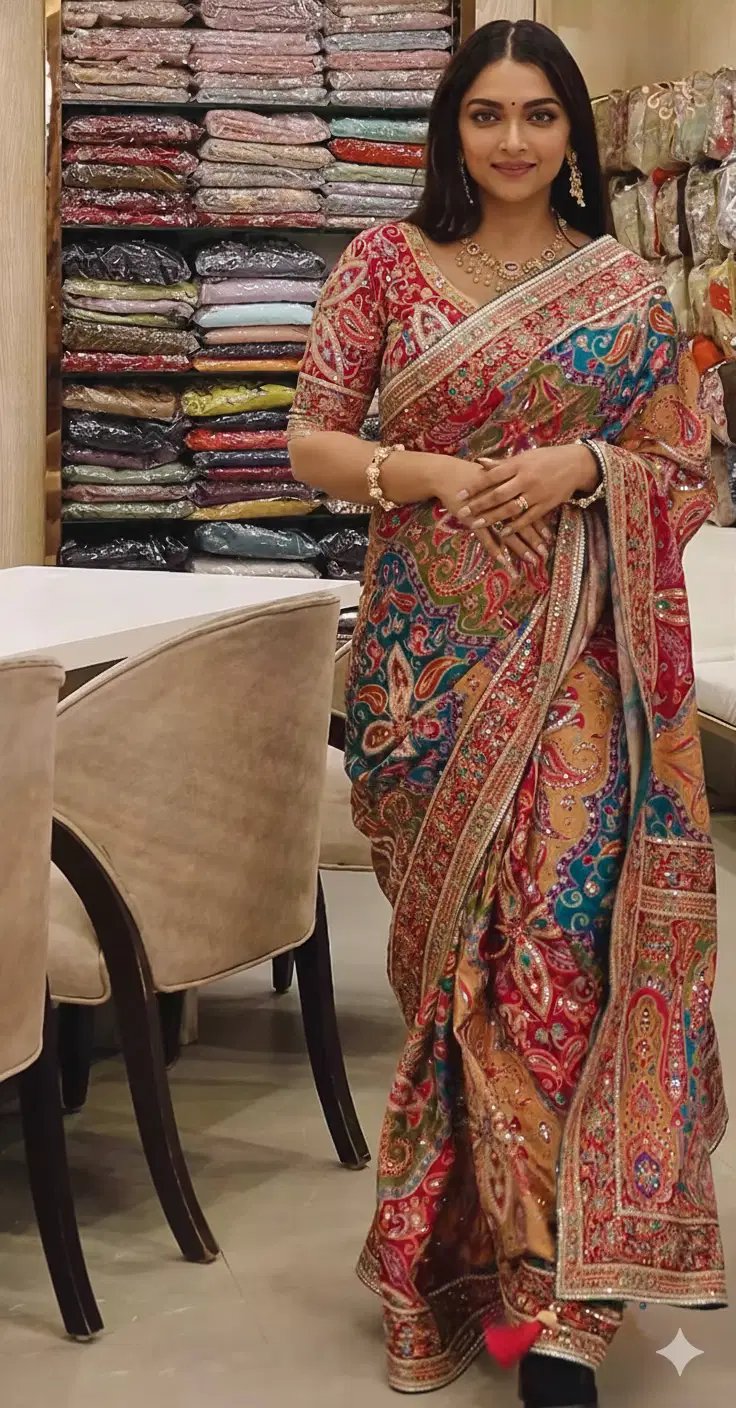 Pure Chinon Silk Designer Patchwork Printed Saree with Handwork Mirror Embroidery-FALL & PICO STITCHED & Unstitched Blouse Piece β Multicolor Floral & Geometric Festive Partywear Saree with Tassels