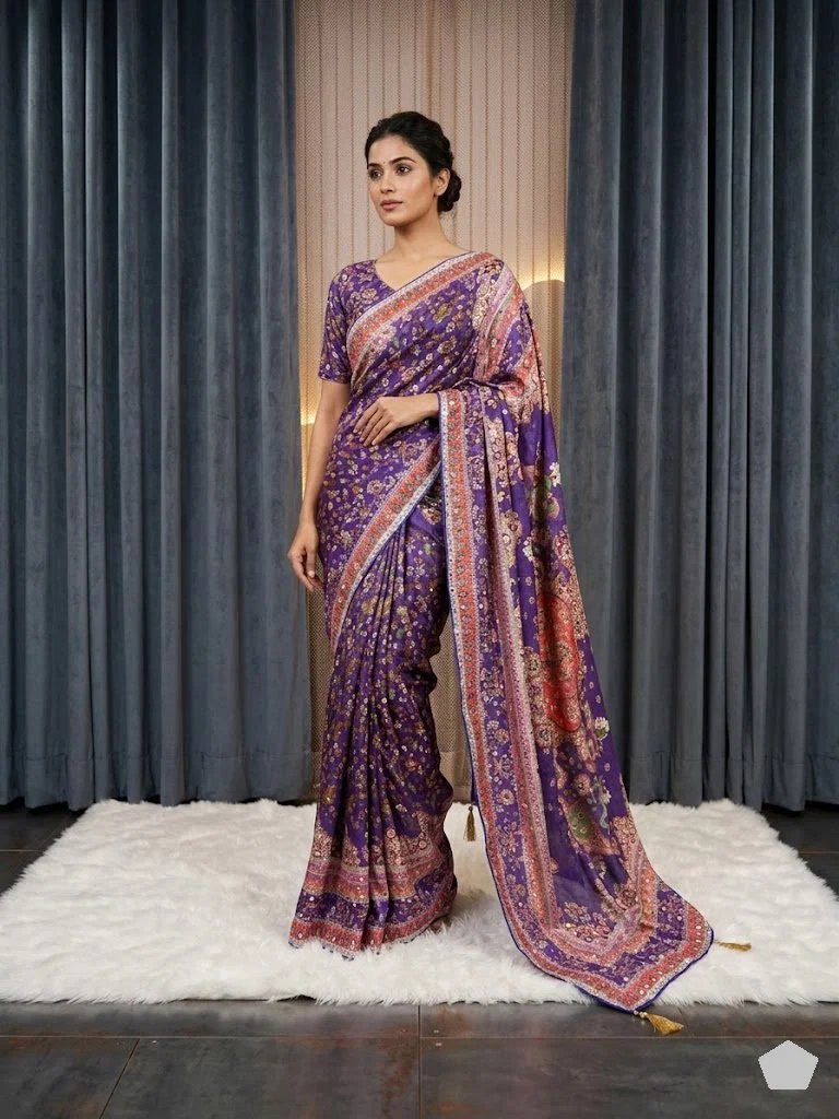 Pure Chinon Silk Designer Patchwork Printed Saree with Handwork Mirror Embroidery-FALL & PICO STITCHED & Unstitched Blouse Piece β Multicolor Floral & Geometric Festive Partywear Saree with Tassels