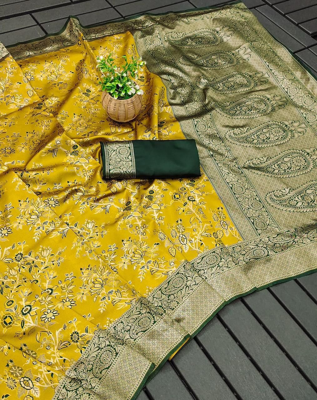 Mustard Yellow Soft Silk Saree with Rich Green Jacquard Pallu -FALL and PICO STITCHED- Unstitched Blouse Piece