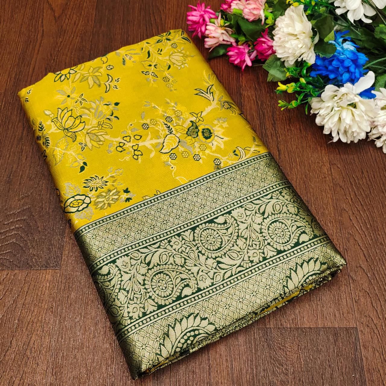 Mustard Yellow Soft Silk Saree with Rich Green Jacquard Pallu -FALL and PICO STITCHED- Unstitched Blouse Piece